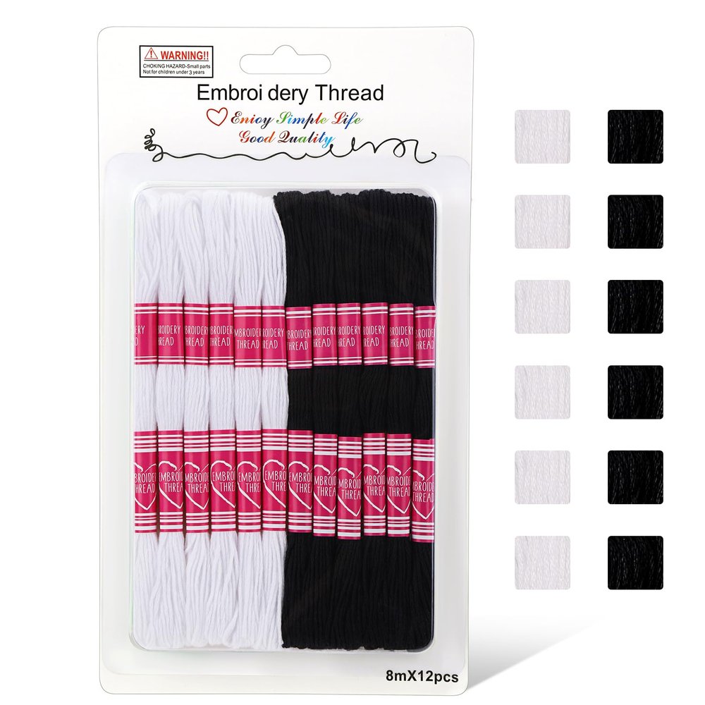 Tundi Embroidery Thread Set, 12 Strands Black and White