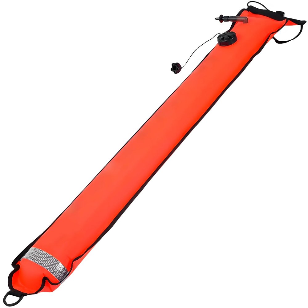 Orange Dive Marker Buoy, 1.8 m x 17.8 cm, with Reflective Strips and Inflation Valve for Diving Safety
