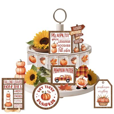 AHANDMAKER 16-Piece Fall Pumpkin Tiered Tray Decor Set