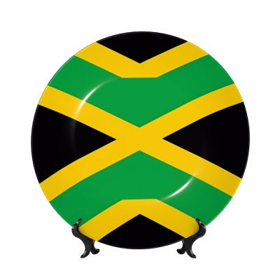 PHAYAH Round Bone China Decorative Plate with Stand, Jamaica Flag Pattern, 8 in