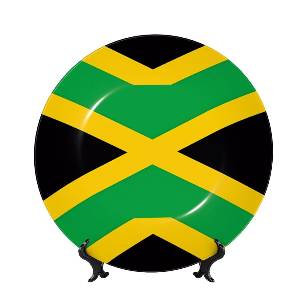 PHAYAH Round Bone China Decorative Plate with Stand, Jamaica Flag Pattern, 8 in