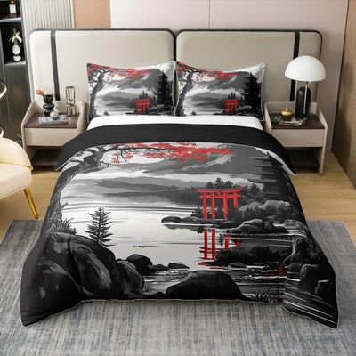 Japanese-Style Cotton Duvet Cover Set, Cherry Blossom & Mount Fuji, 200 x 200 cm