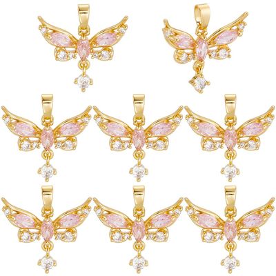 Beebeecraft 1 Box 8 pcs Crystal Charm 18K Gold-Plated Brass Pink Butterfly with Zirconia