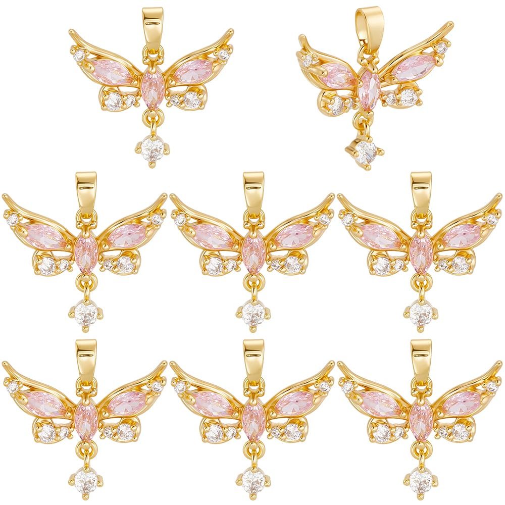 Beebeecraft 1 Box 8 pcs Crystal Charm 18K Gold-Plated Brass Pink Butterfly with Zirconia