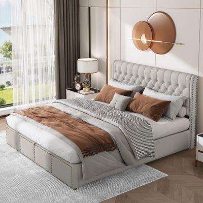 Zepneiy 180 x 200 Upholstered Storage Bed with Nailhead Trim, Light Gray Linen (Mattress Not Included)