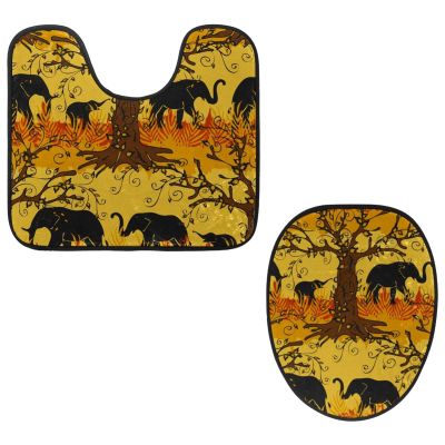 VAPOKF 2-Piece Toilet Mat Set, U-Shaped Contour Mat and Toilet Lid Cover, African Elephant Silhouette Under Tree