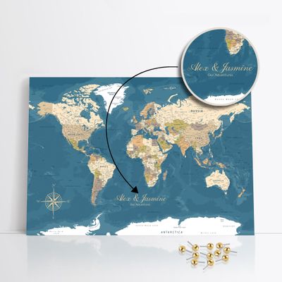 framed concept | Personalized World Map with Push Pins | Handmade Wall Decor with 50 Gold Pins | Unique Gift Idea