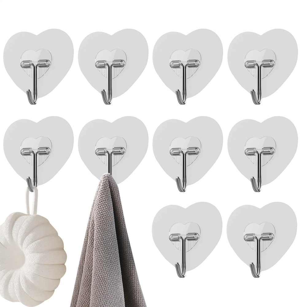 Generic Adhesive Wall Hooks, Heart-Shaped | Damage-Free Removable Multi-Purpose Hooks - 10x for Kitchen, Bathroom