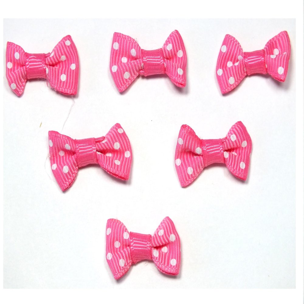 6 Fabric Appliqués: Pink Polka Dot Bow, 28 x 15 mm (09)