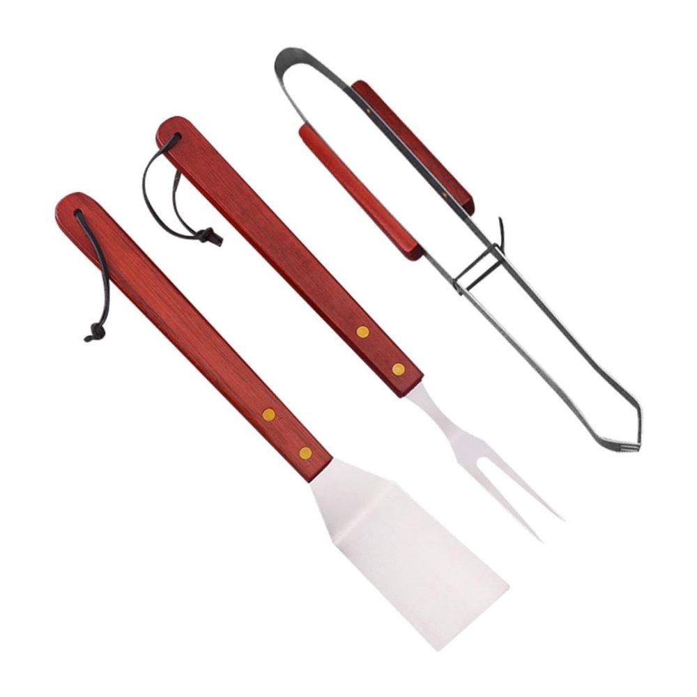 3-Piece Stainless Steel BBQ Utensil Set with Wooden Handles