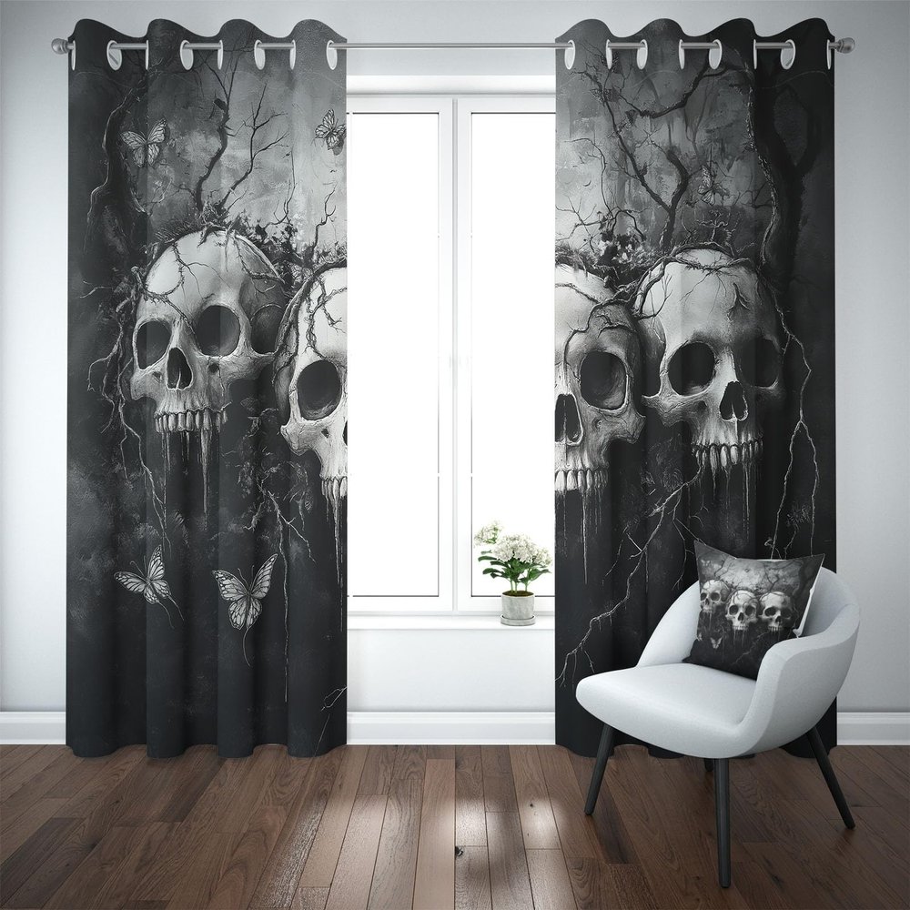 Gothic Butterfly Skull Blackout Curtains, 2-Piece Set