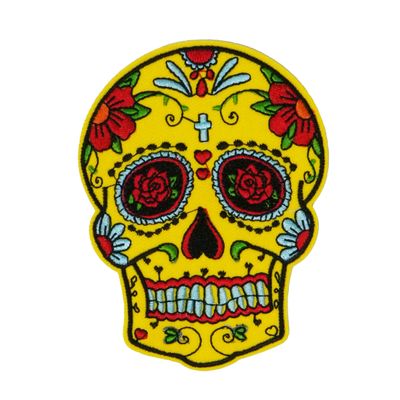 Mexican Sugar Skull Patch – Yellow Day of the Dead Embroidered Iron-On Applique, 8 x 10 cm