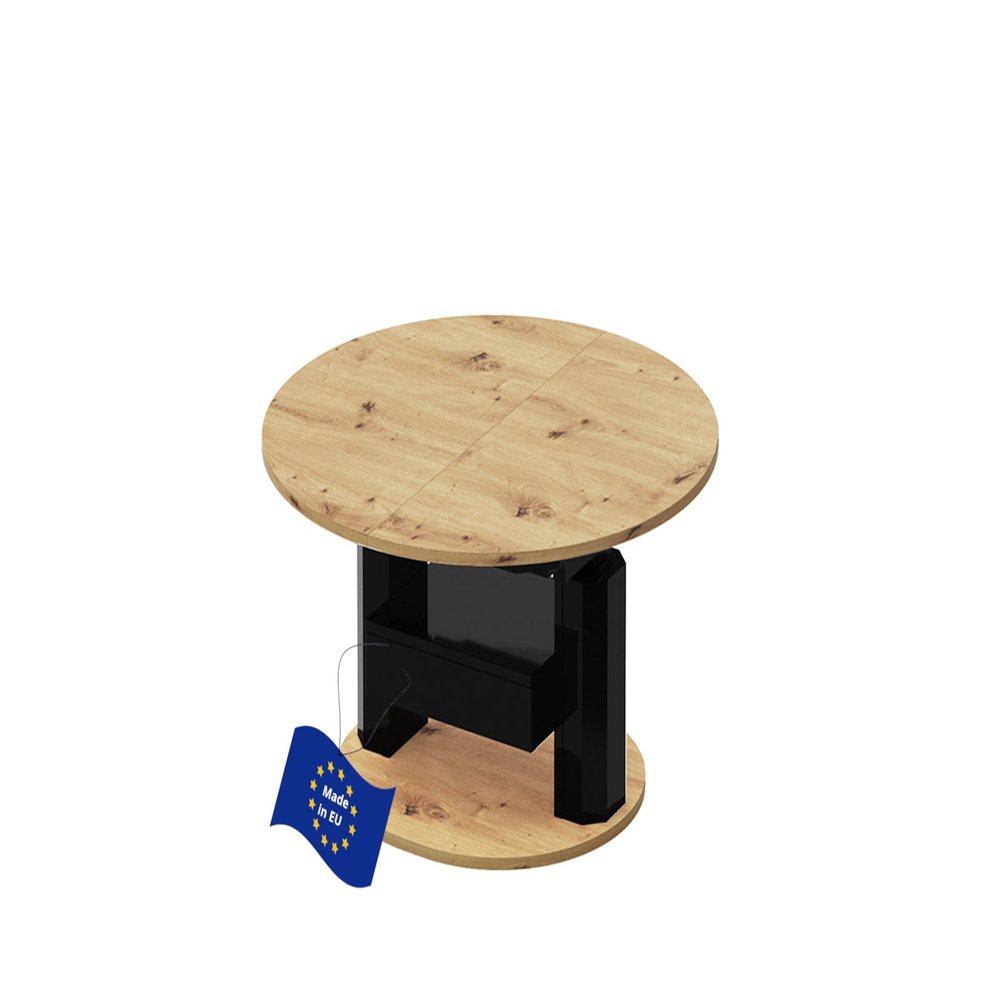 Round Extendable Coffee Table HPM-111, Height-Adjustable, Artisan Oak/Glossy Black, 100–144 cm, with Drawer