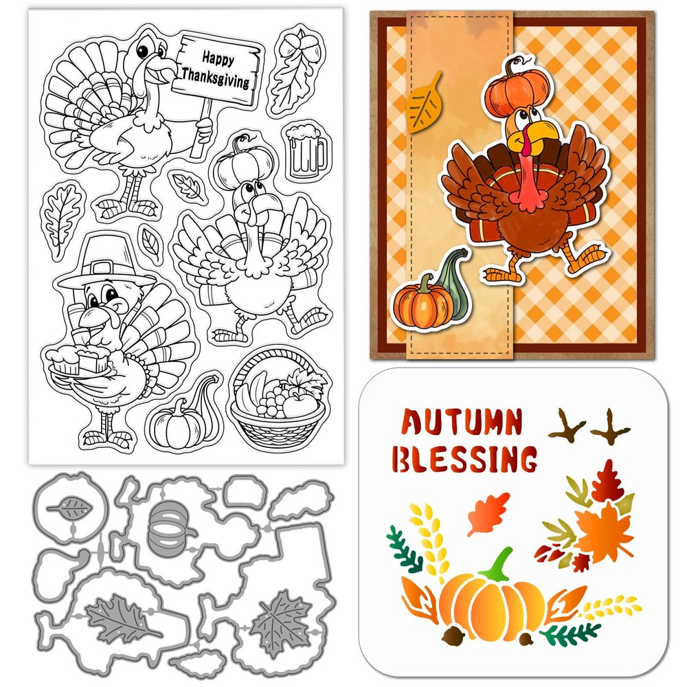 GLOBLELAND Thanksgiving Turkey Clear Stamps and Metal Die Set