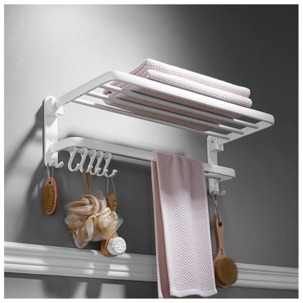 Vintage Wall-Mounted Towel Rack with 5 Hooks and Storage Shelf, 53 x 22.5 x 18 cm