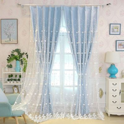 Homxi Room-Darkening Curtains, 2 Panels, 42 W x 45 H in, Modern Blue Double-Layer Curtains with Lace Embroidery and Window Hooks