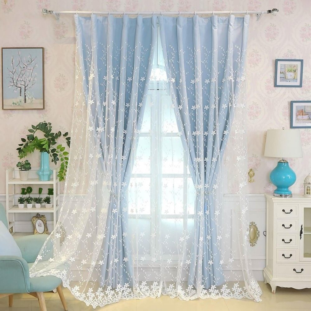 Homxi Room-Darkening Curtains, 2 Panels, 42 W x 45 H in, Modern Blue Double-Layer Curtains with Lace Embroidery and Window Hooks