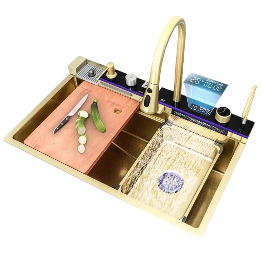CAFIEDR Stainless Steel Workstation Kitchen Sink with Digital Display and Pull-Out Faucet