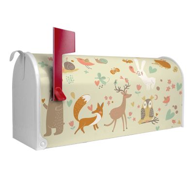 banjado American Mailbox with Forest Animals Design, White, 51 × 22 × 17 cm