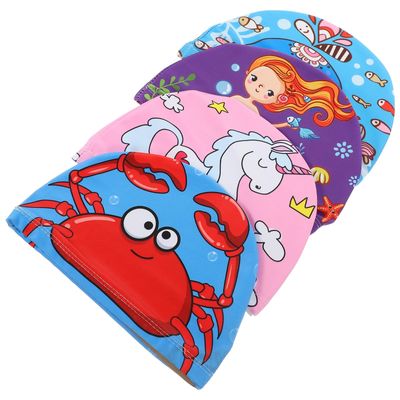 ifundom 4-Pack Fabric Swim Caps for Kids, Crab, Unicorn, Mermaid and Whale Designs