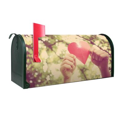 banjado American Mailbox with Paper Heart Design, 51 × 22 × 17 cm, Green Powder-Coated Steel