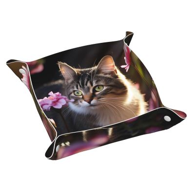 Leather Desktop Storage Tray with Flower and Cat Pattern