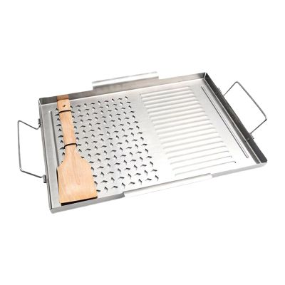 Cast-Iron Stovetop Grill Plate, Stainless Steel Pan with Handles