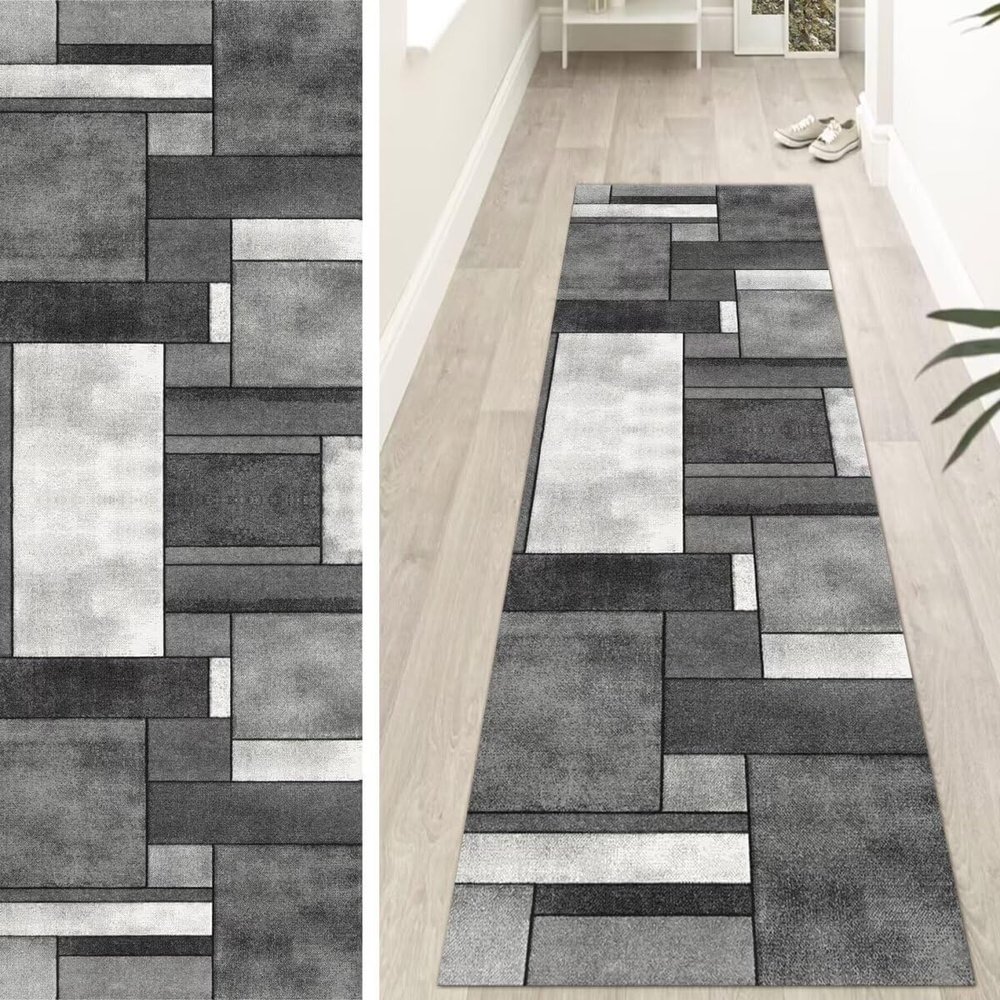 Abstract Washable Non-Slip Rug, 70 x 280 cm, Gray/Black