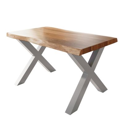 Loreno Dining Table 120 × 80 × 77 cm, Natural Acacia, Silver X-Frame