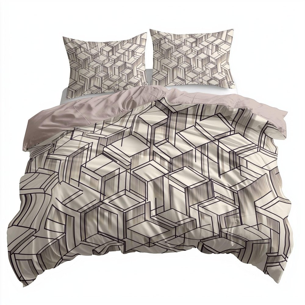 Light Gray-Brown Bedding Set, Minimalist Geometric Shapes, 155 x 220 cm Duvet Cover with 2 Pillowcases, Ultra-Soft Microfiber, Zipper Closure