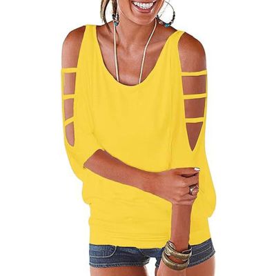 Women's Cold-Shoulder 3/4-Sleeve Crew-Neck T-Shirt, Solid Color, Yellow, M