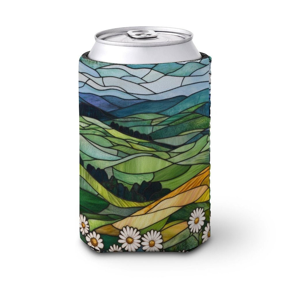 Jubonexis Beer Can Cooler Sleeve, Stained Glass Rolling Hills and Daisy Fields