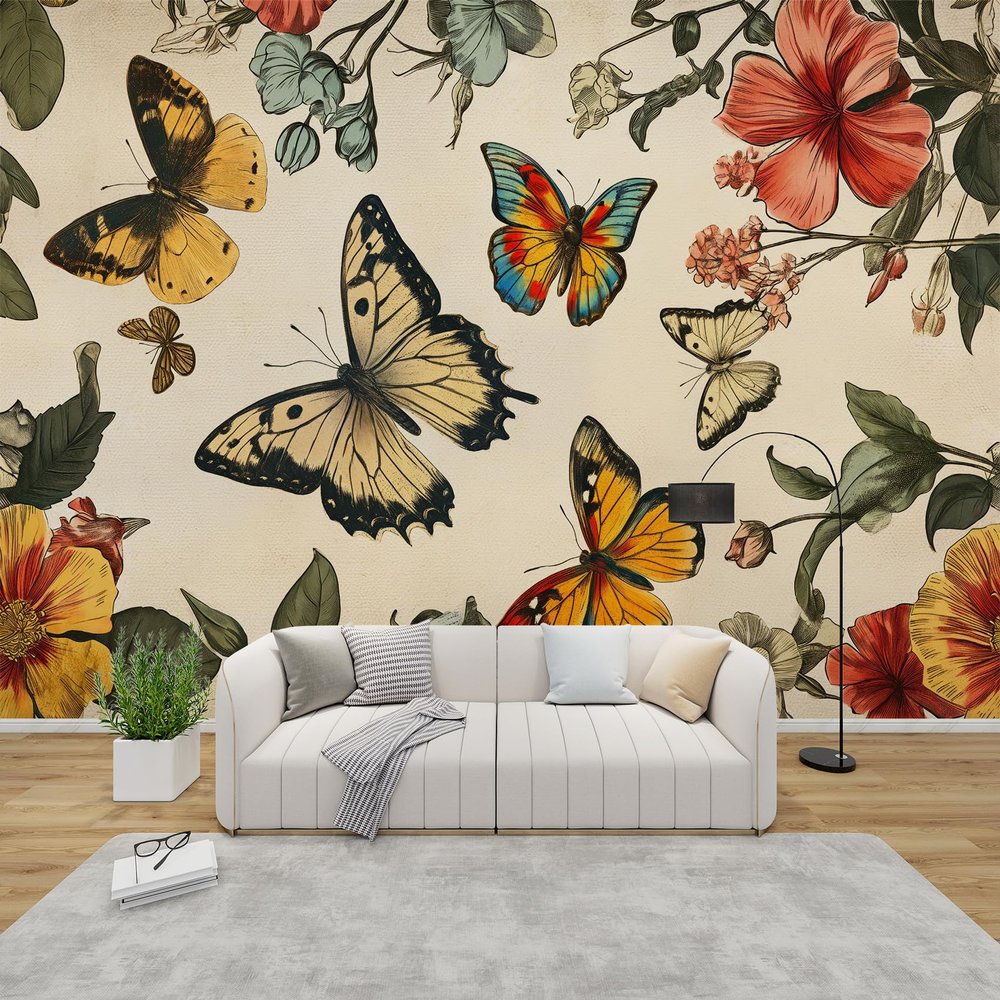 PaxGloz Vintage Butterfly Floral & Insect Nonwoven Photo Wallpaper, 350 x 256 cm (W x H)