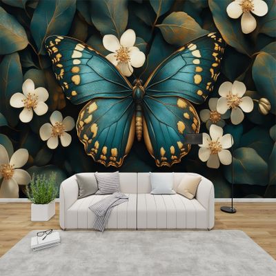 PaxGloz Blue and Gold Butterfly Photo Wallpaper, Botanical Non-Woven Wall Mural, 100 x 70 cm (W x H)