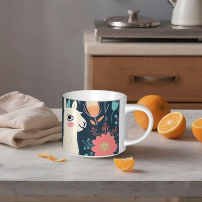 STVYUKL Ceramic Coffee Mug, 425 ml, Large Handle, Cute Llama Floral Pattern, White
