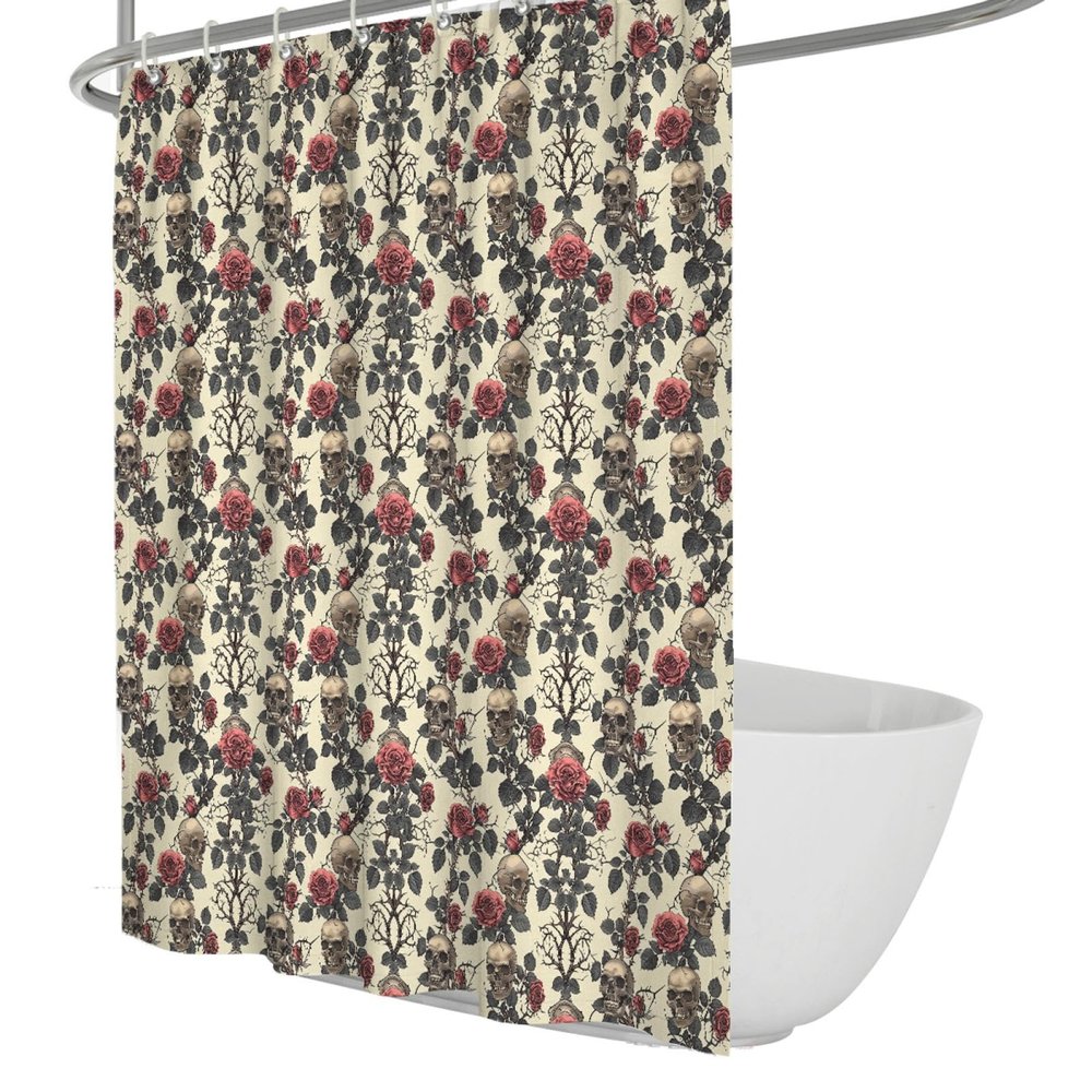 OLLIAR Home Sugar Skull Rose Bathroom Shower Curtain Set, Gothic Floral Design, Washable Waterproof Fabric, 120 x 180 cm