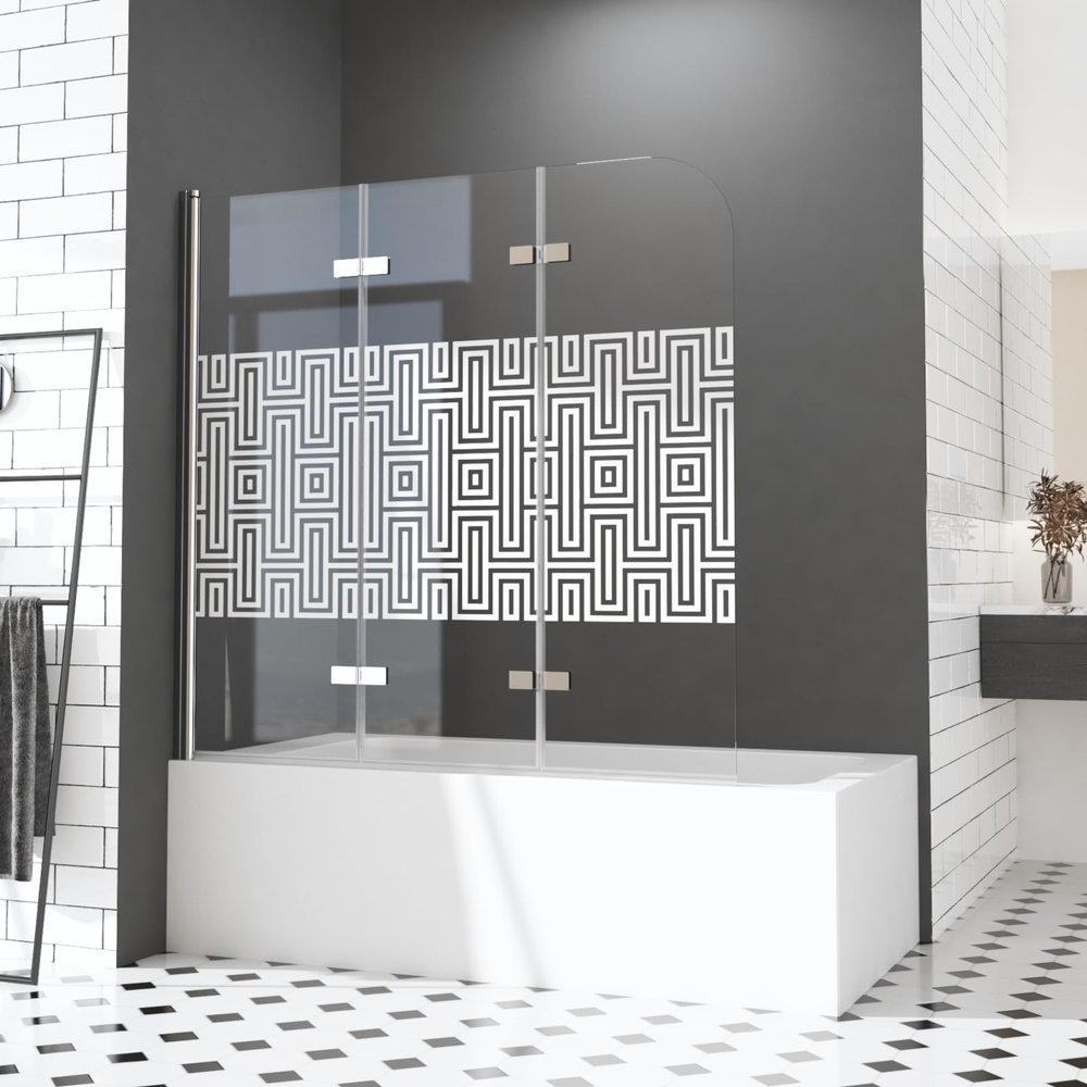 Folding Bathtub Shower Screen, 140 x 140 cm, 3-Piece, Frosted Safety Glass