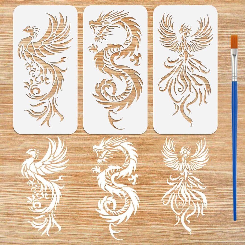FINGERINSPIRE 3-Piece Dragon Phoenix Stencil Set