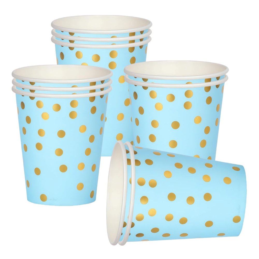 RONGZUBAT 10 Pack Blue Disposable Paper Cups with Gold Dots