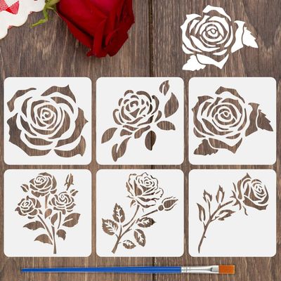 FINGERINSPIRE 6-Piece Rose Stencil Set with Brush 15x15cm