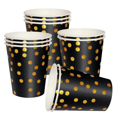 10 Pack Black Disposable Paper Cups with Gold Dots