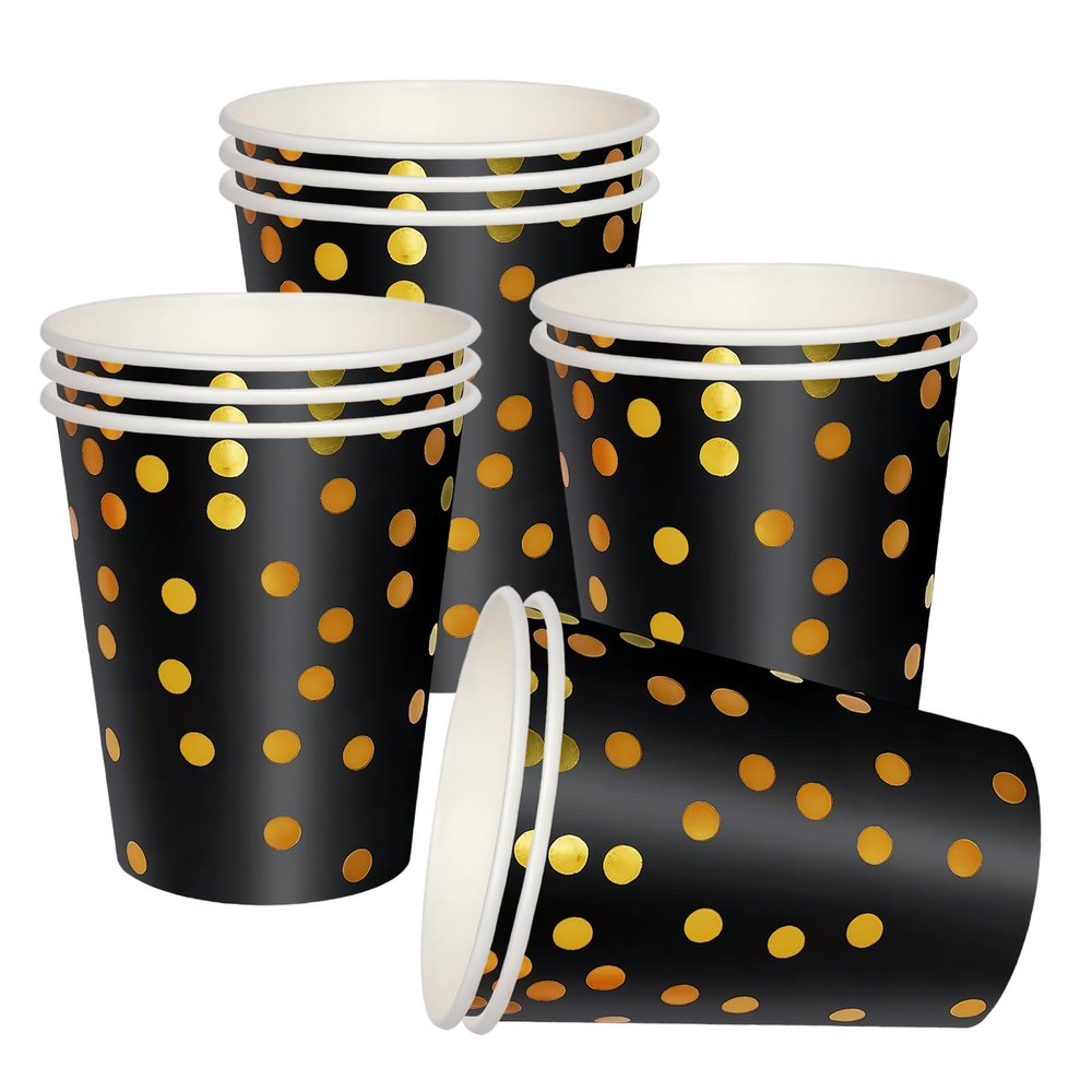 10 Pack Black Disposable Paper Cups with Gold Dots