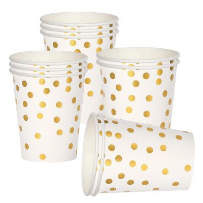 10 Pack White Disposable Paper Cups 9 oz with Gold Dots