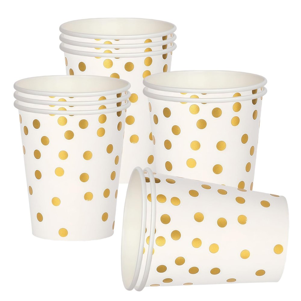 10 Pack White Disposable Paper Cups 9 oz with Gold Dots