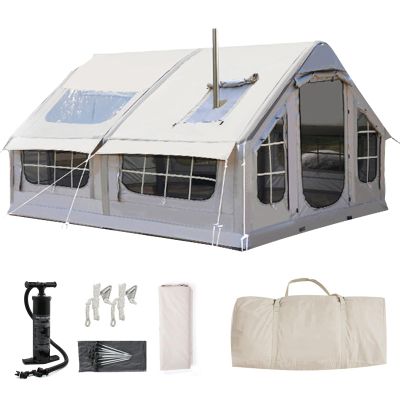 Inflatable Camping Tent with Pump, 4–8 Person Waterproof 4-Season Air Tent with Stove Jack