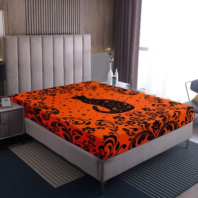 Homewish Boho Black Cat Fitted Sheet 90 x 200 cm, Orange Halloween Gothic Design