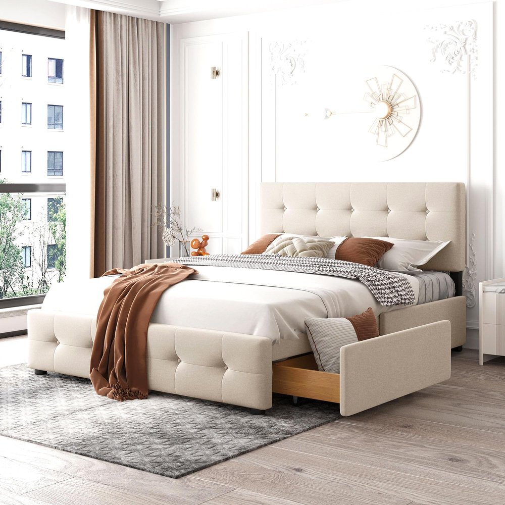 Crlnaup Upholstered Bed 140 x 200 cm with Drawers, Slatted Base and Headboard, Beige (Mattress Not Included)