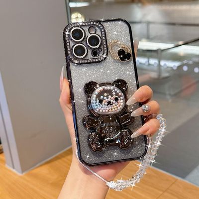 Ymyhyuxi Soft Four-Corner Protective Case for iPhone 14, Glitter, Crystal Heart Charm, Ring Holder and Crossbody Strap, Black