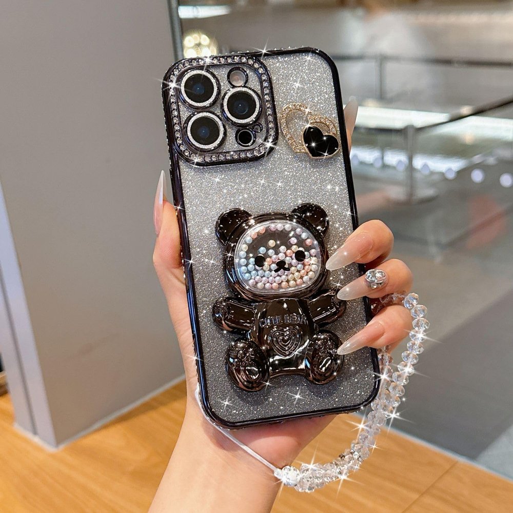 Ymyhyuxi Soft Four-Corner Protective Case for iPhone 14, Glitter, Crystal Heart Charm, Ring Holder and Crossbody Strap, Black