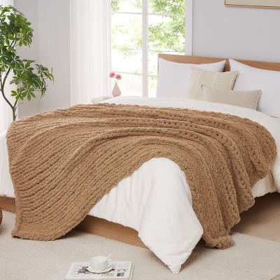 L'AGRATY Chunky Knit Blanket, 203 x 228 cm, Chenille, Light Brown